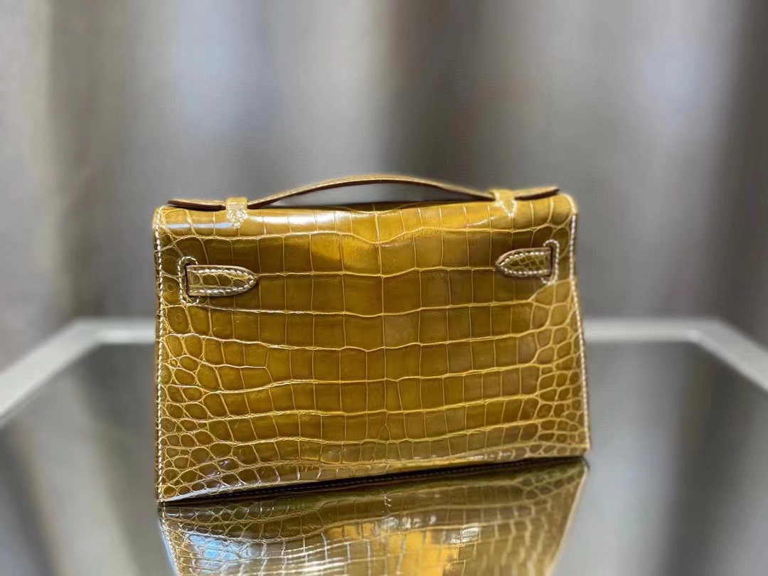 에르메스 켈리 포쉐트 브라운 금장 샤이니 악어가죽